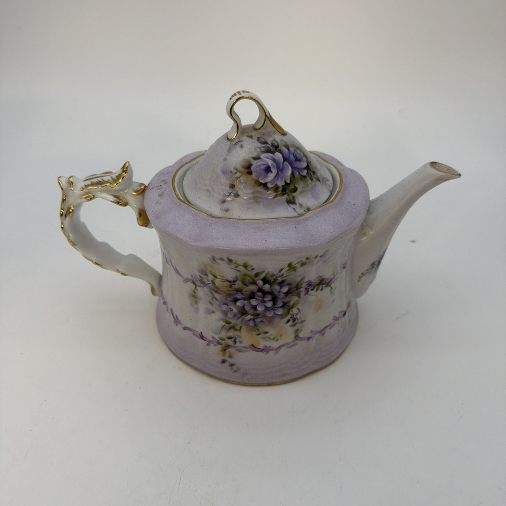 Vintage Musical Teapot Ornate Gold Trim Purple Flowers plays Fur Elise
